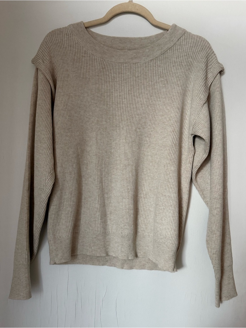 Promesa Ribbed Crewneck Sweater in Light Taupe with Drop Shoulder Detail